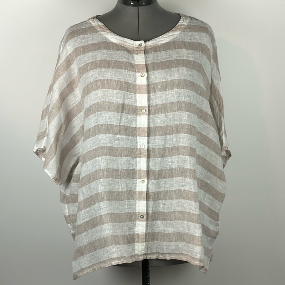 CYNTHIA ROWLEY™️  Women's Size M Khaki/White Striped Linen Button Oversize Shirt